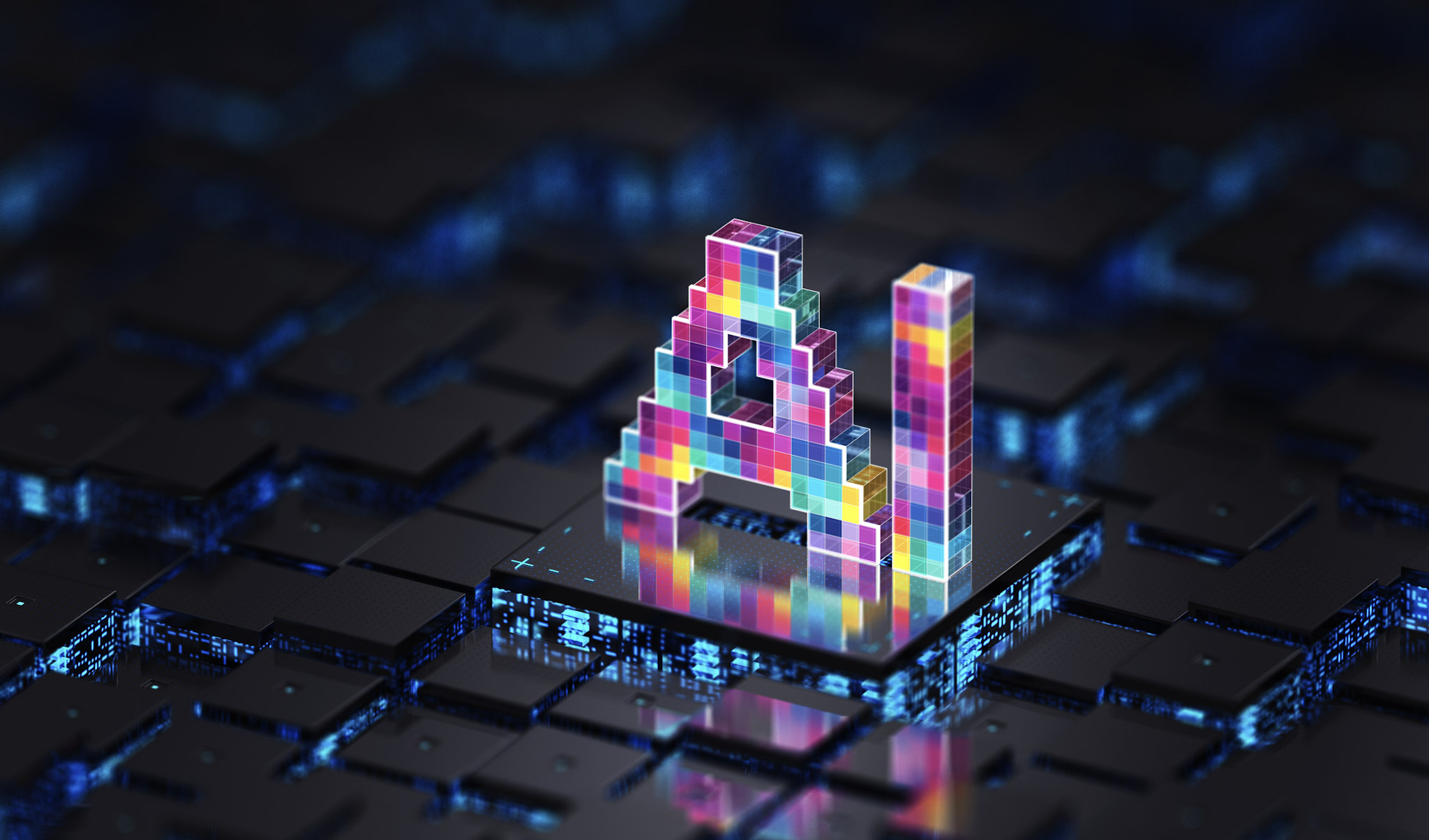 Colorful 3D AI text on a digital circuit board background.