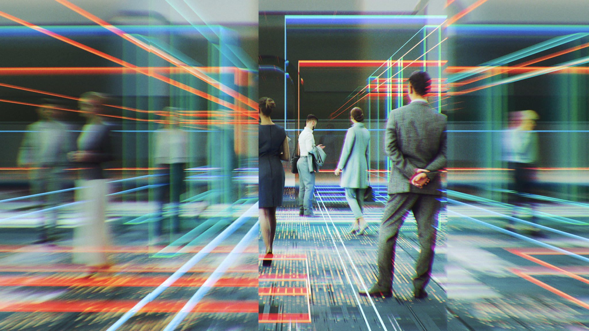 People walking through a futuristic corridor with neon digital grids.