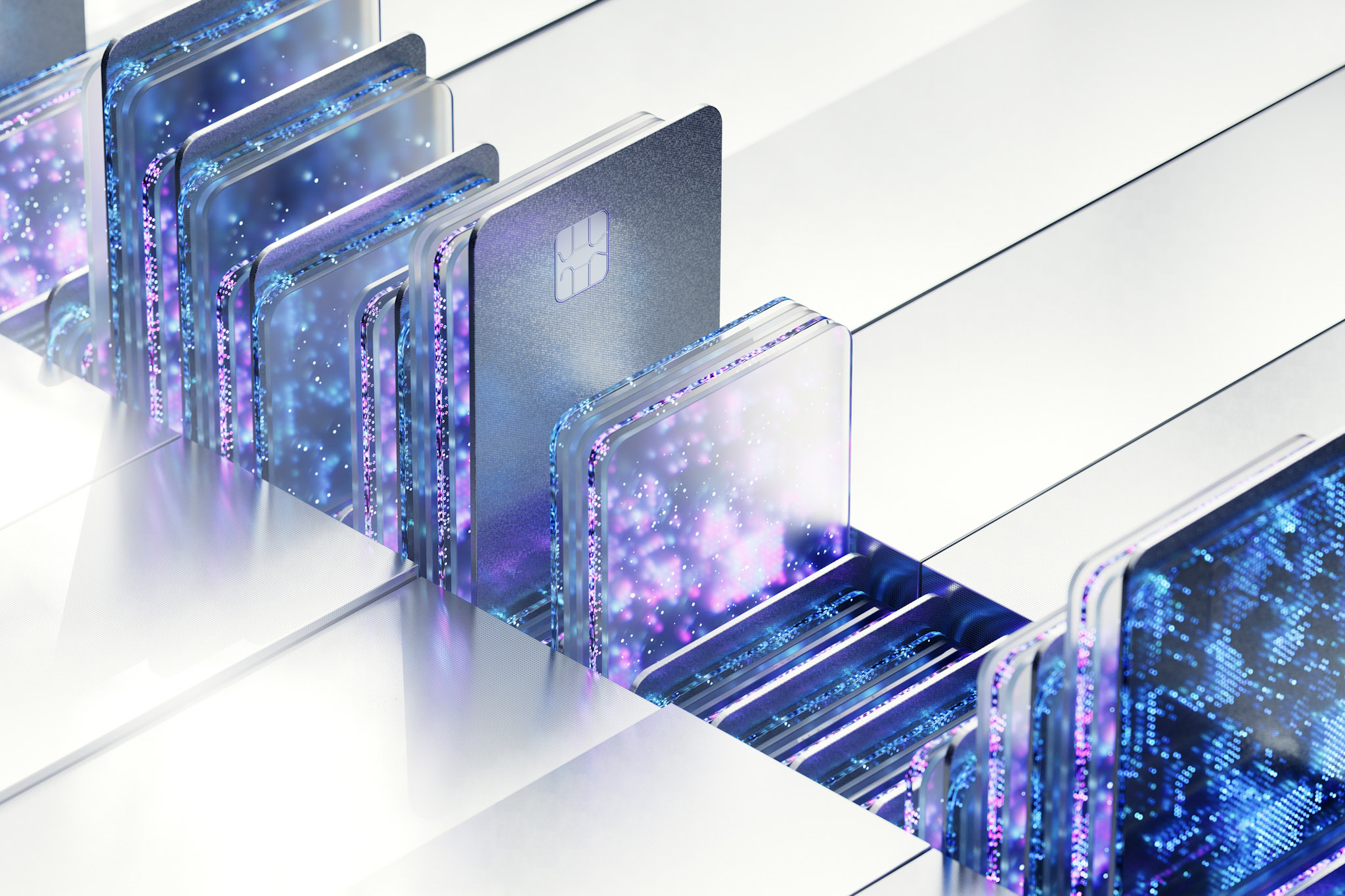 Digital payment cards and data streams representing intelligent payment security, fraud prevention, and modern financial technology systems