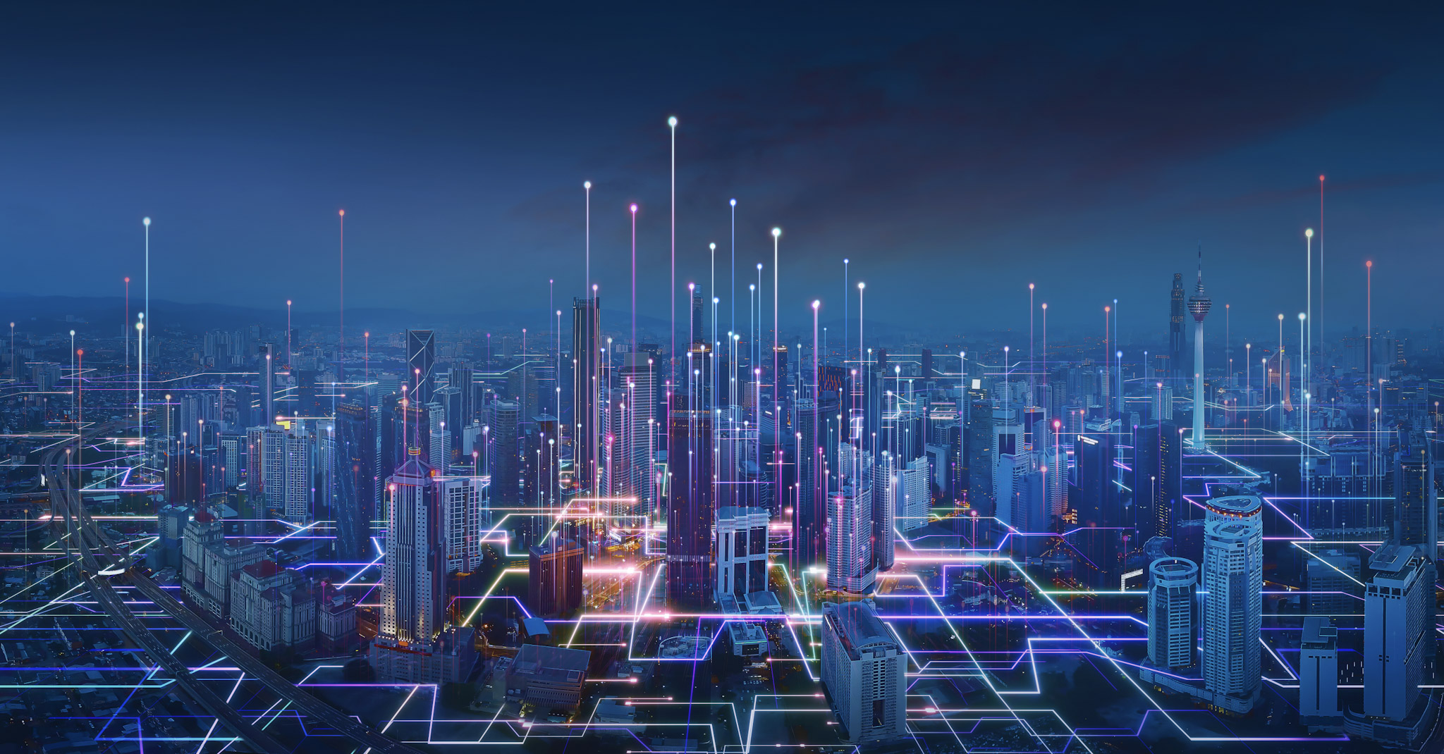 Smart city and abstract line and dot connect with gradient line design