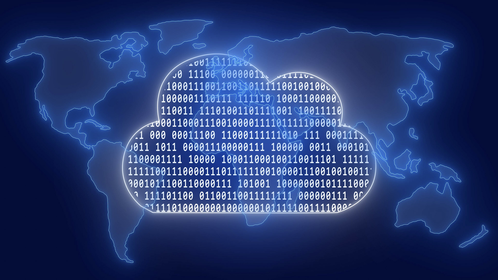 binary numbers inside a cloud up front a world wide map