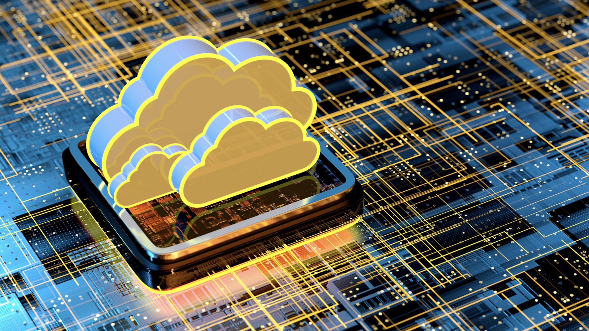 Yellow cloud images on top on a circuit board