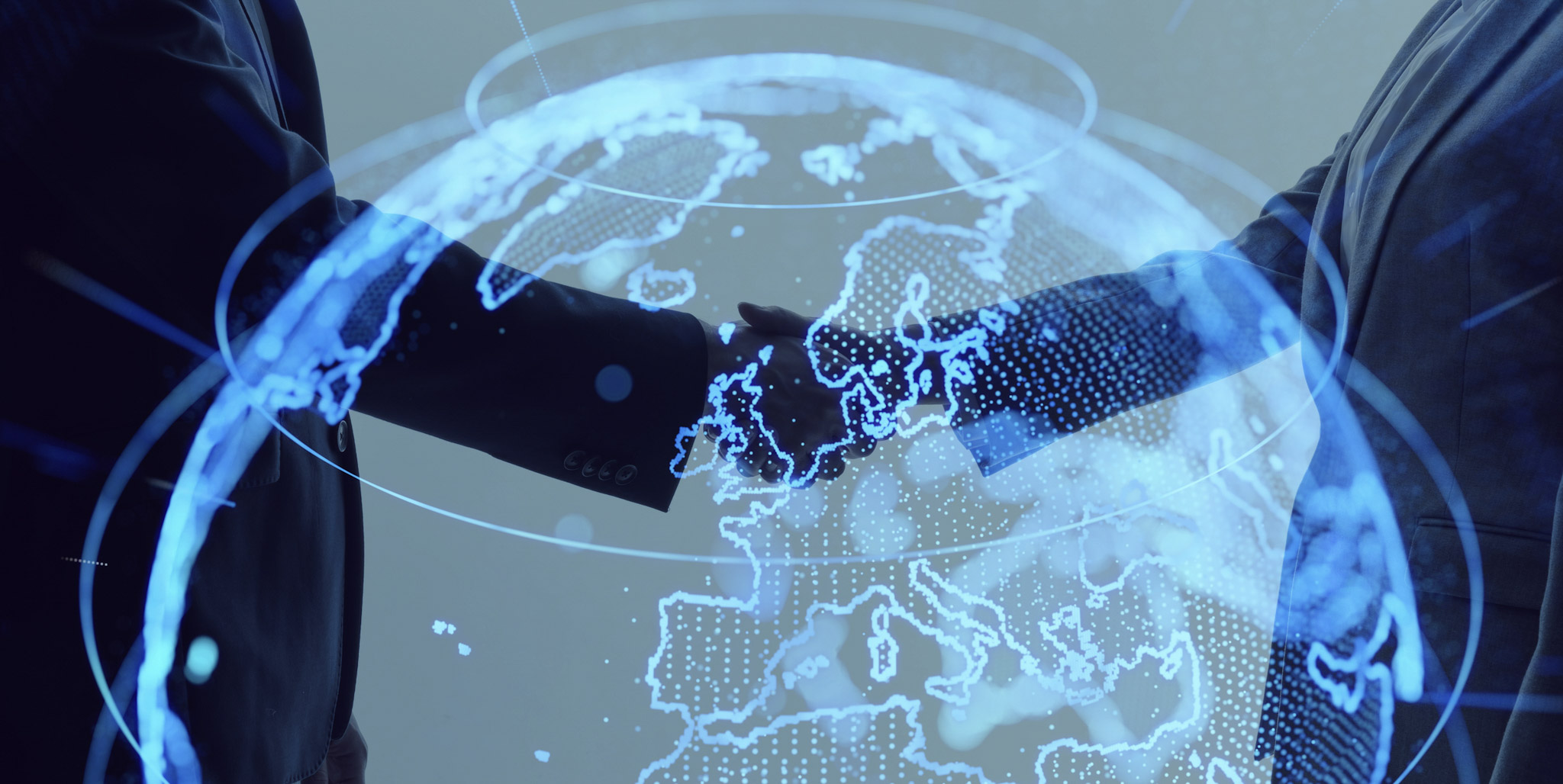 A handshake in the background of a world wide hologram