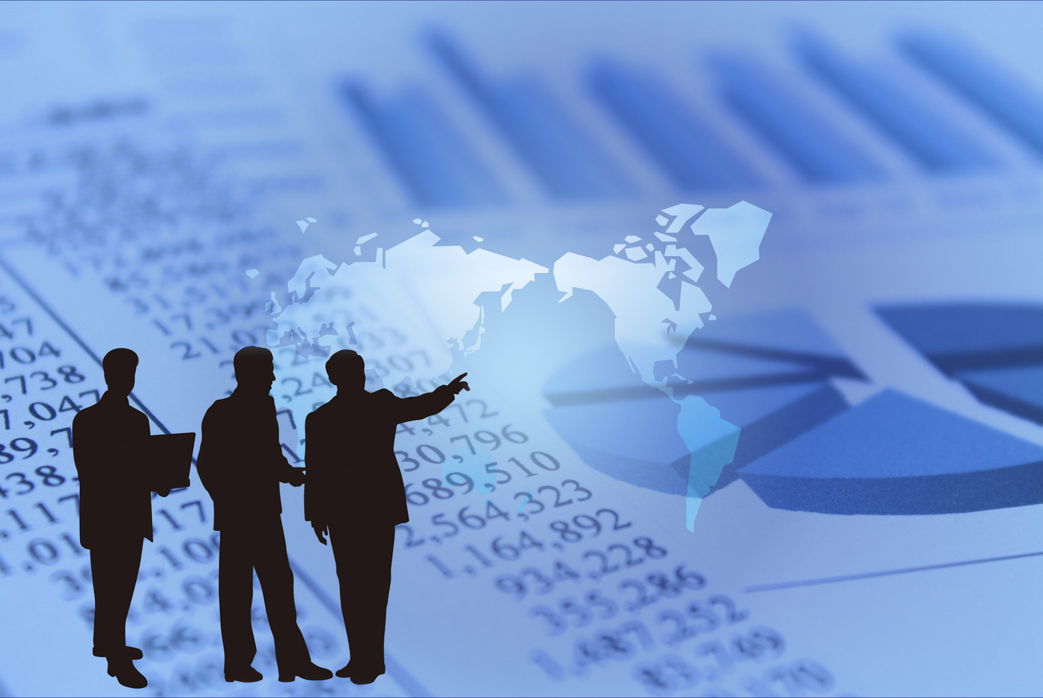 "Silhouettes of three business professionals discussing in front of a global map overlay, with a background featuring financial spreadsheets, bar graphs, and pie charts, symbolizing global data analysis, financial strategy, and corporate planning.