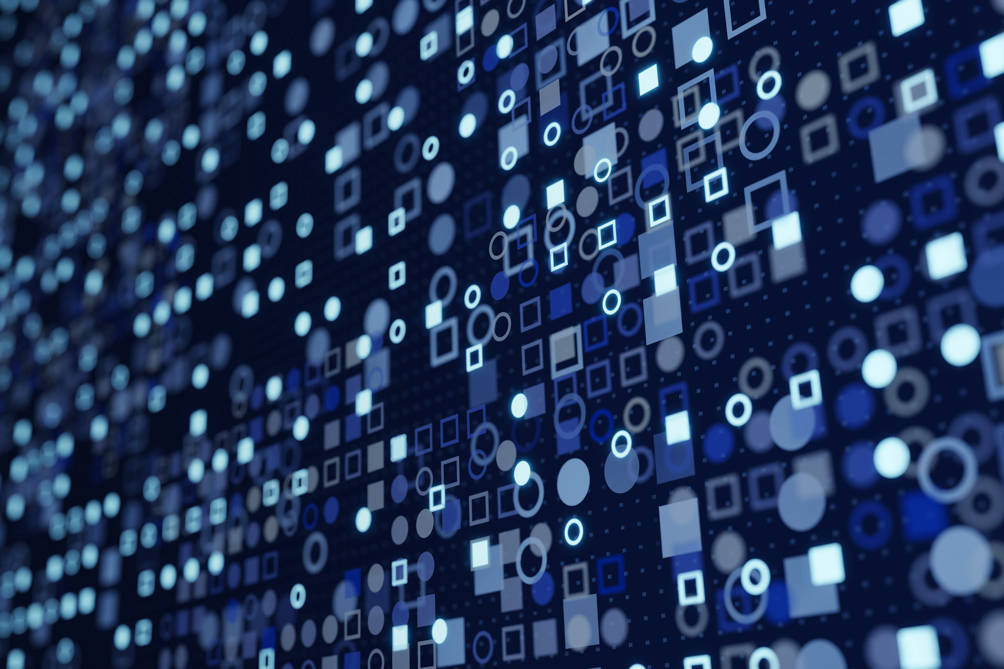Abstract digital background with glowing blue circles and squares representing data and technology on a dark grid