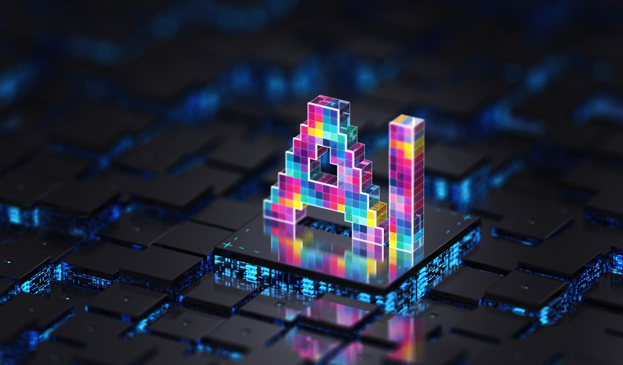 Colorful 3D AI text on a digital circuit board background.