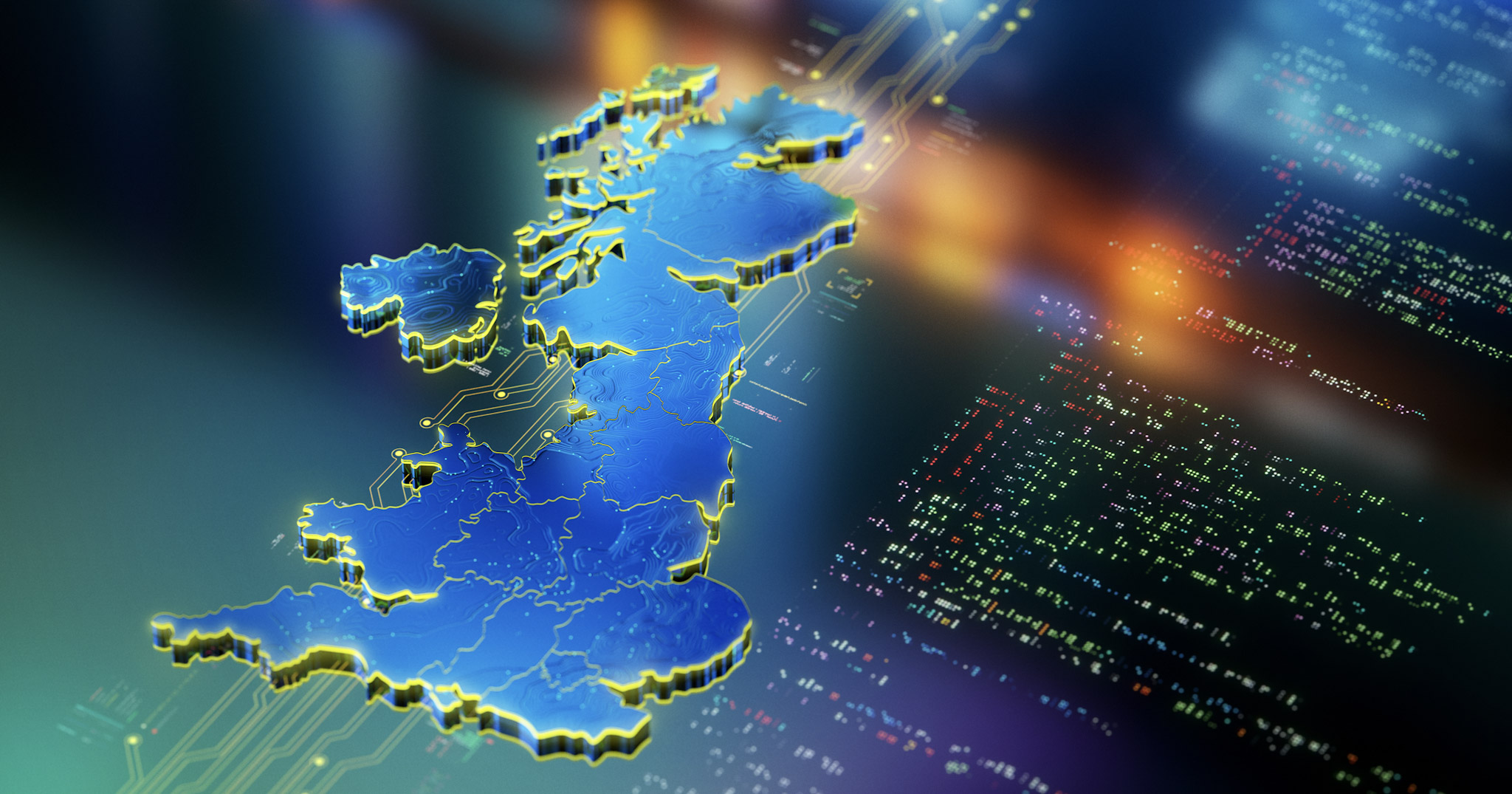 Digital map of the UK overlaid with code, symbolizing data sovereignty and regional AI infrastructure.