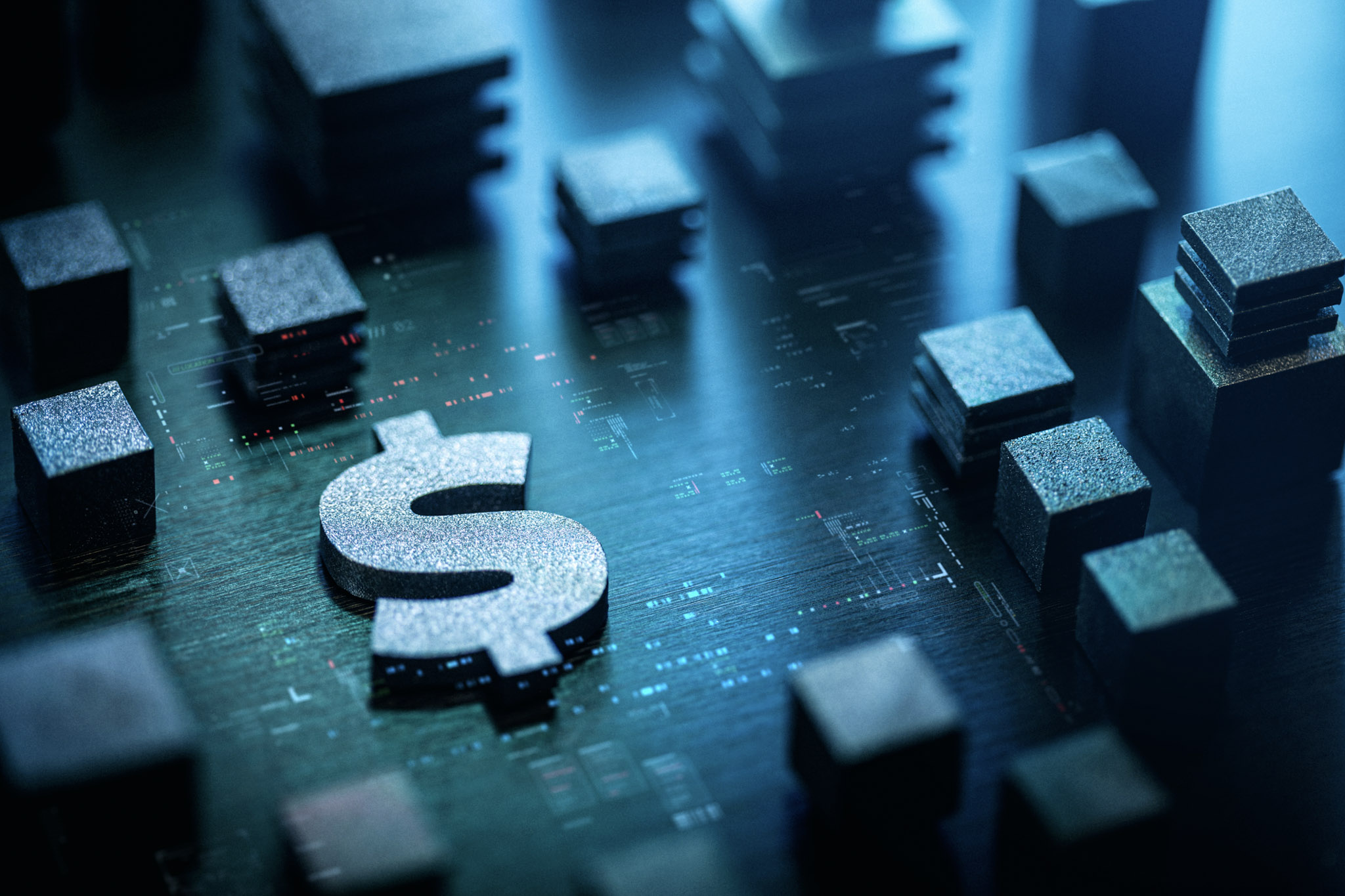 Metallic dollar sign on digital circuit board with cube stacks