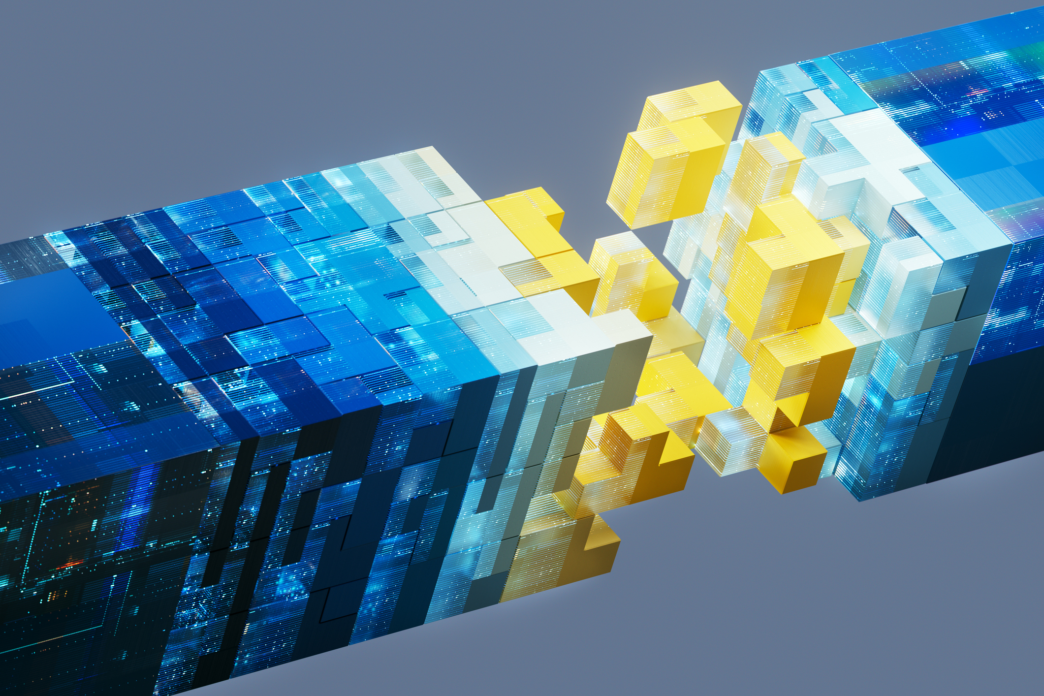 Bold blue and yellow structures converge to illustrate the power of connected data in AI. This visual metaphor represents innovation at the core of digital ecosystems, where information flows securely and efficiently across networks.
