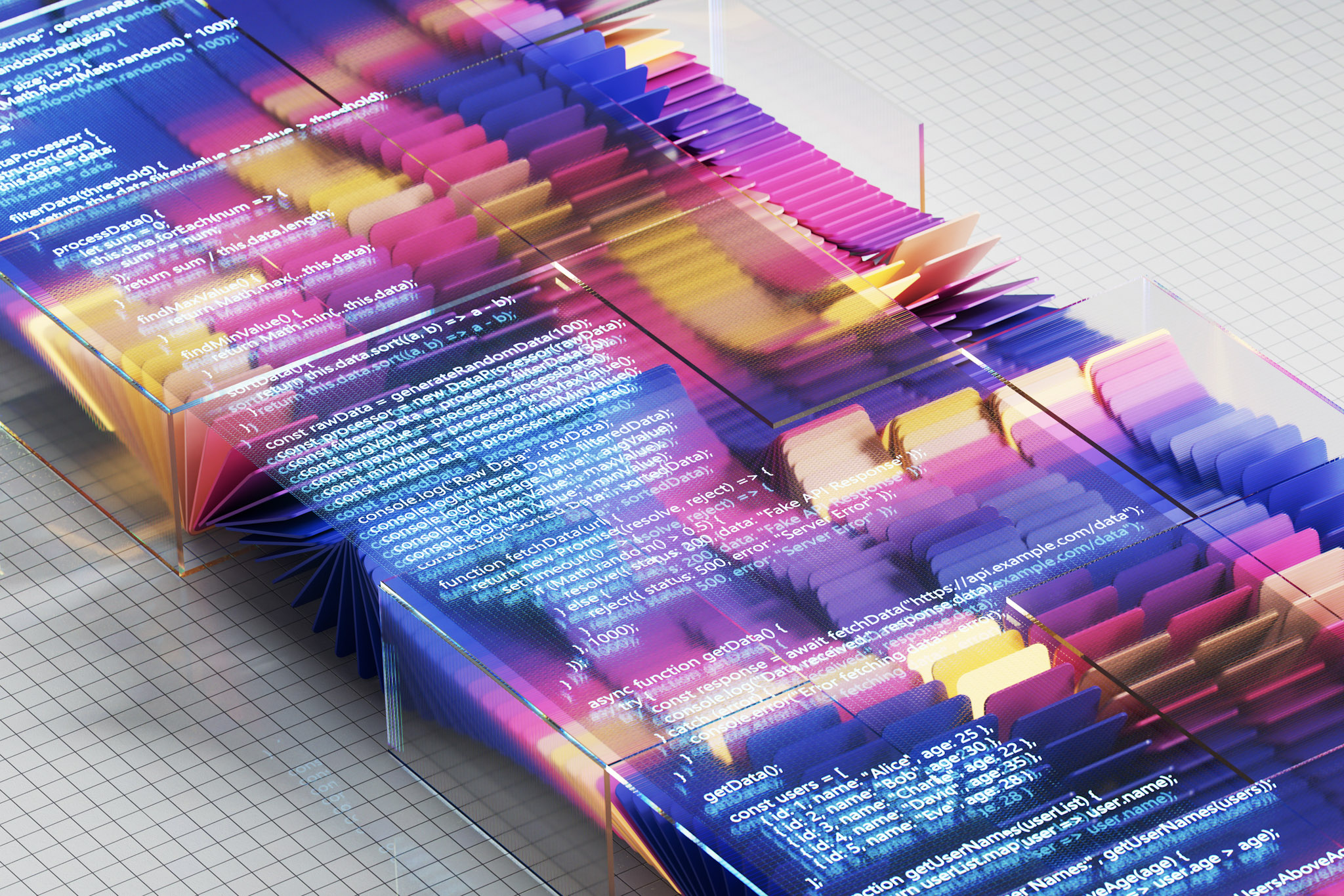 Abstract code with colorful 3D shapes.