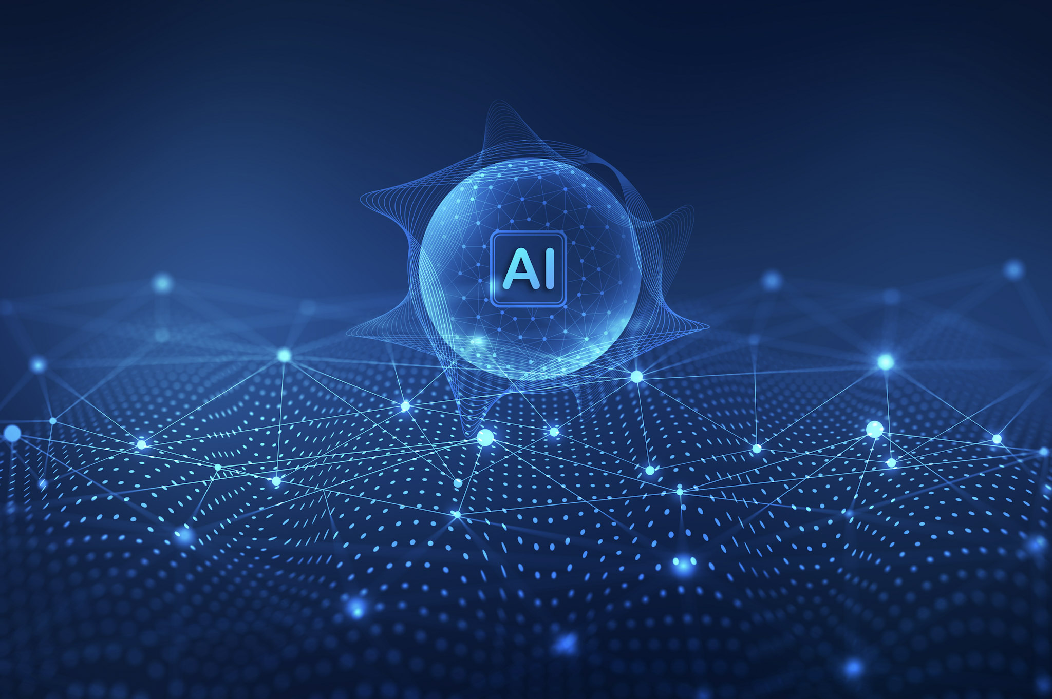 Abstract digital illustration of an AI network glowing in blue tones.