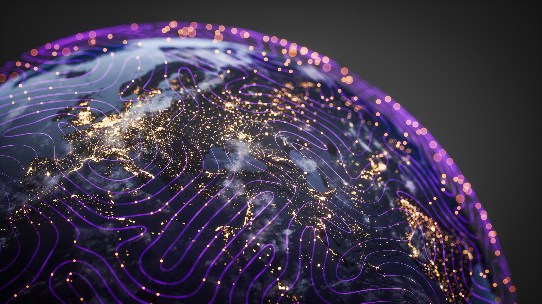 A stylized globe with glowing city lights and flowing purple contour lines representing global digital connectivity.