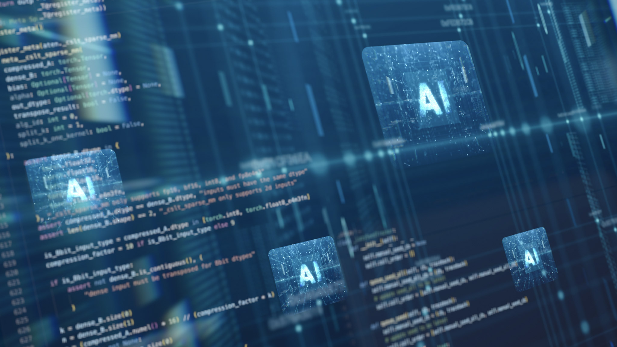 AI icons overlaid on computer code, representing artificial intelligence in software development.