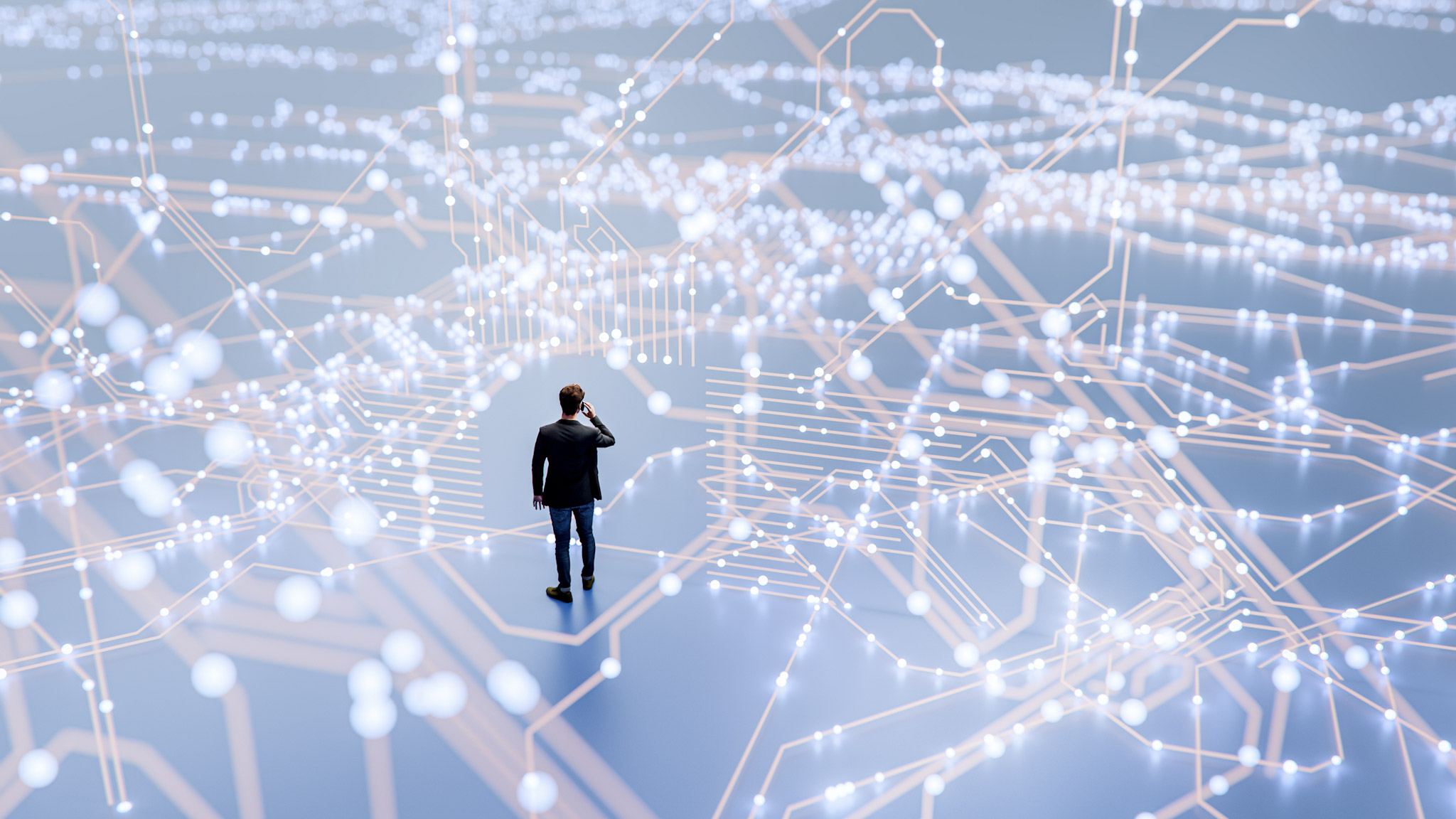 Business leader standing within a digital network of interconnected nodes, symbolizing enterprise complexity, cloud transformation, and identifying blind spots in large scale IT environments.