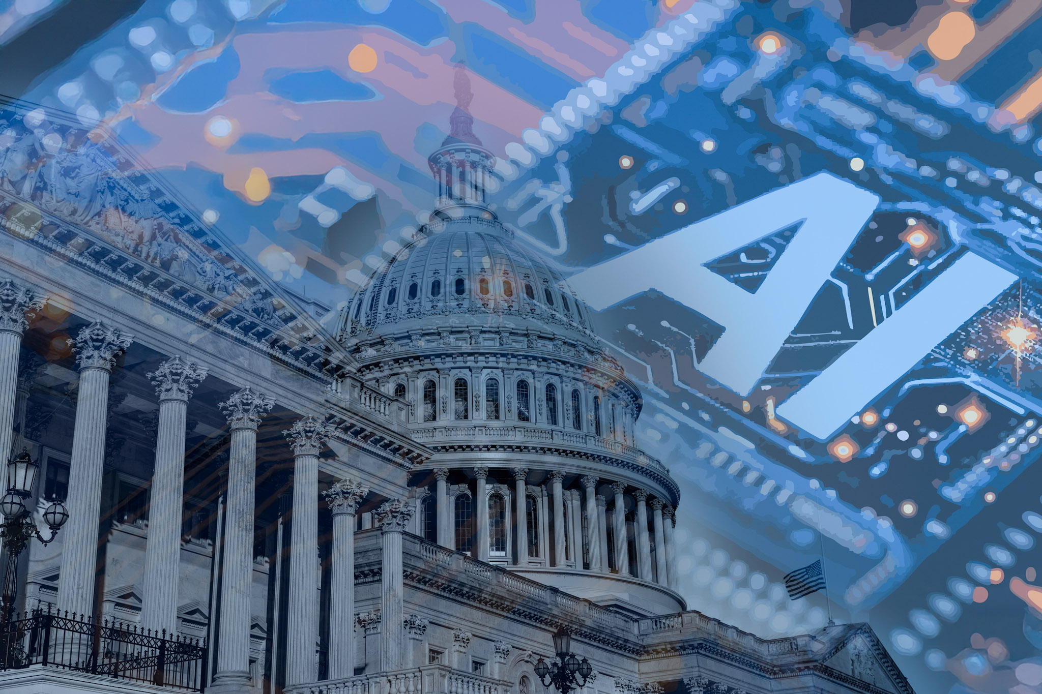 U.S. Capitol building overlaid with AI circuitry, representing Federal AI policy and IT modernization.