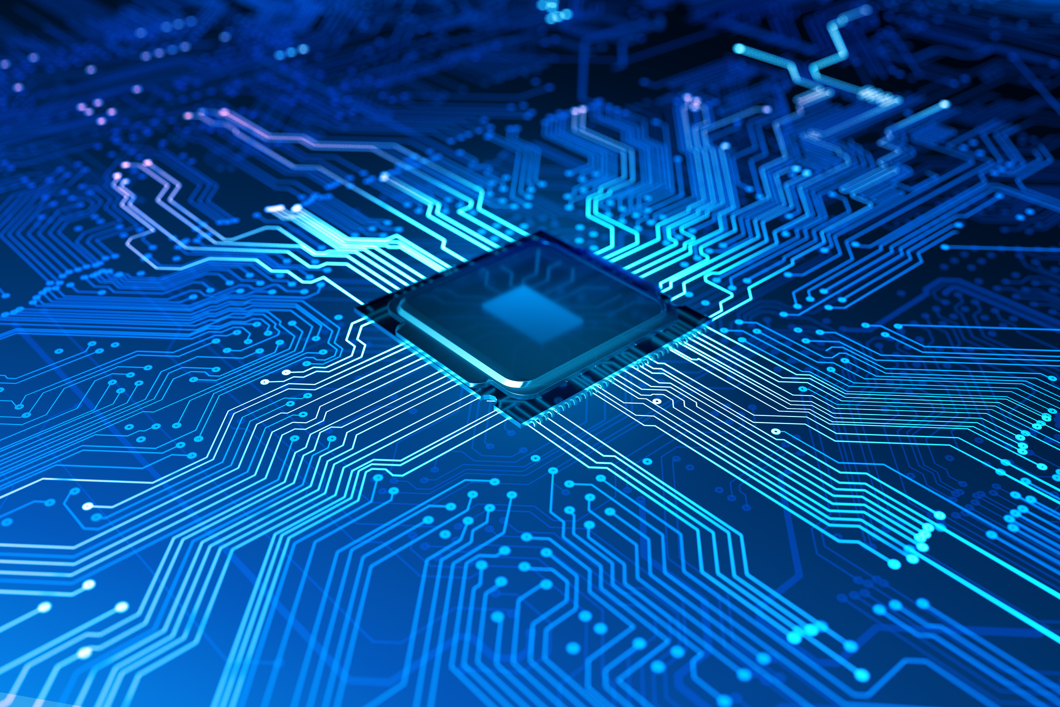 Microchip on a high-speed circuit board representing AI infrastructure and advanced semiconductor networking technology.
