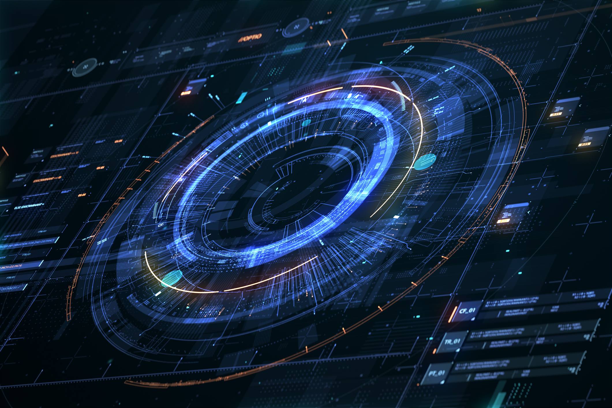 Glowing blue concentric rings on a dark digital dashboard, symbolizing precision control over complex enterprise infrastructure.