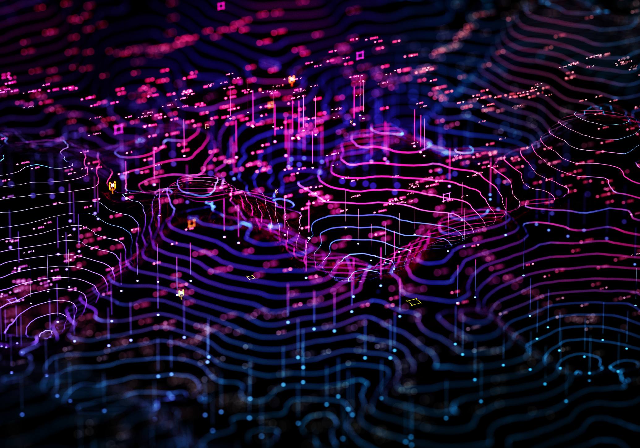 Digital generated image of multi coloured data against black background