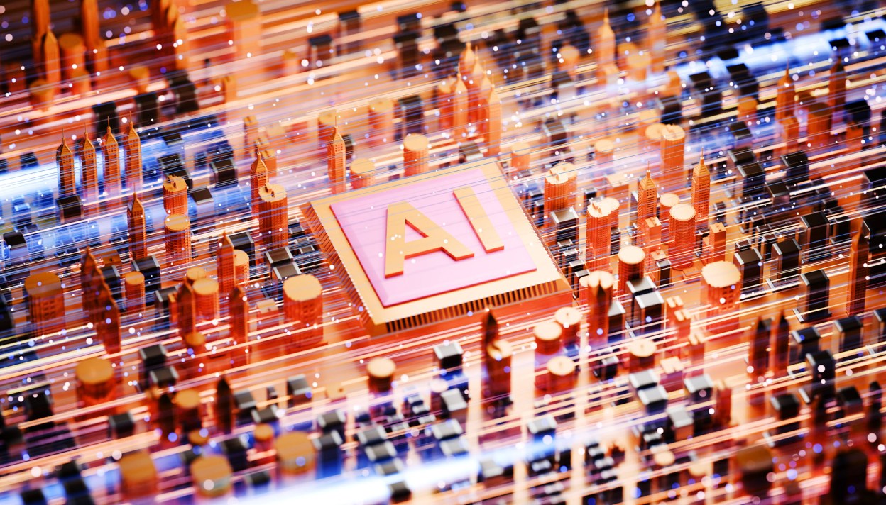 AI-powered infrastructure platform visualizing unified VMs, containers, and data processing on a single chip