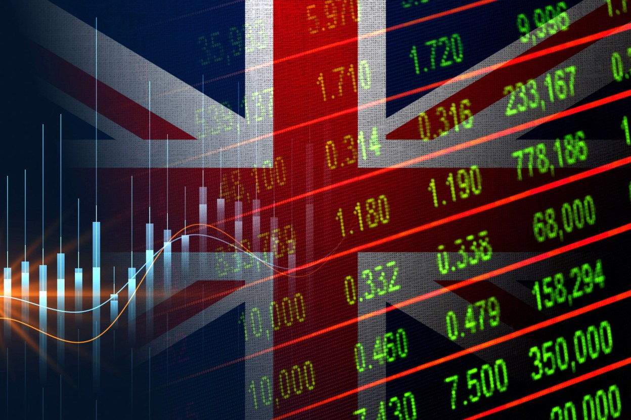 UK flag with financial market data visualization representing the LSEG and Broadcom partnership for cloud infrastructure modernization and financial technology innovation