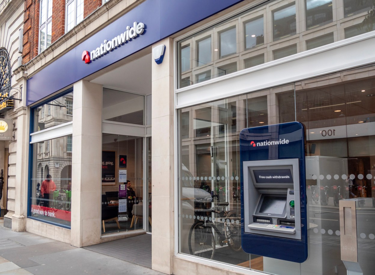 Exterior of a Nationwide Building Society branch in the UK, highlighting Nationwide's strategic partnership with Broadcom to advance private cloud transformation and hybrid cloud services.