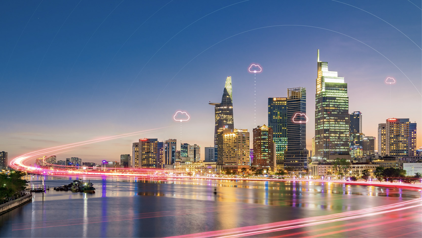 Modern Ho Chi Minh City skyline with cloud connectivity graphics, representing Viettel IDC and Broadcom's partnership to deliver sovereign, AI-ready private cloud infrastructure across Southeast Asia.