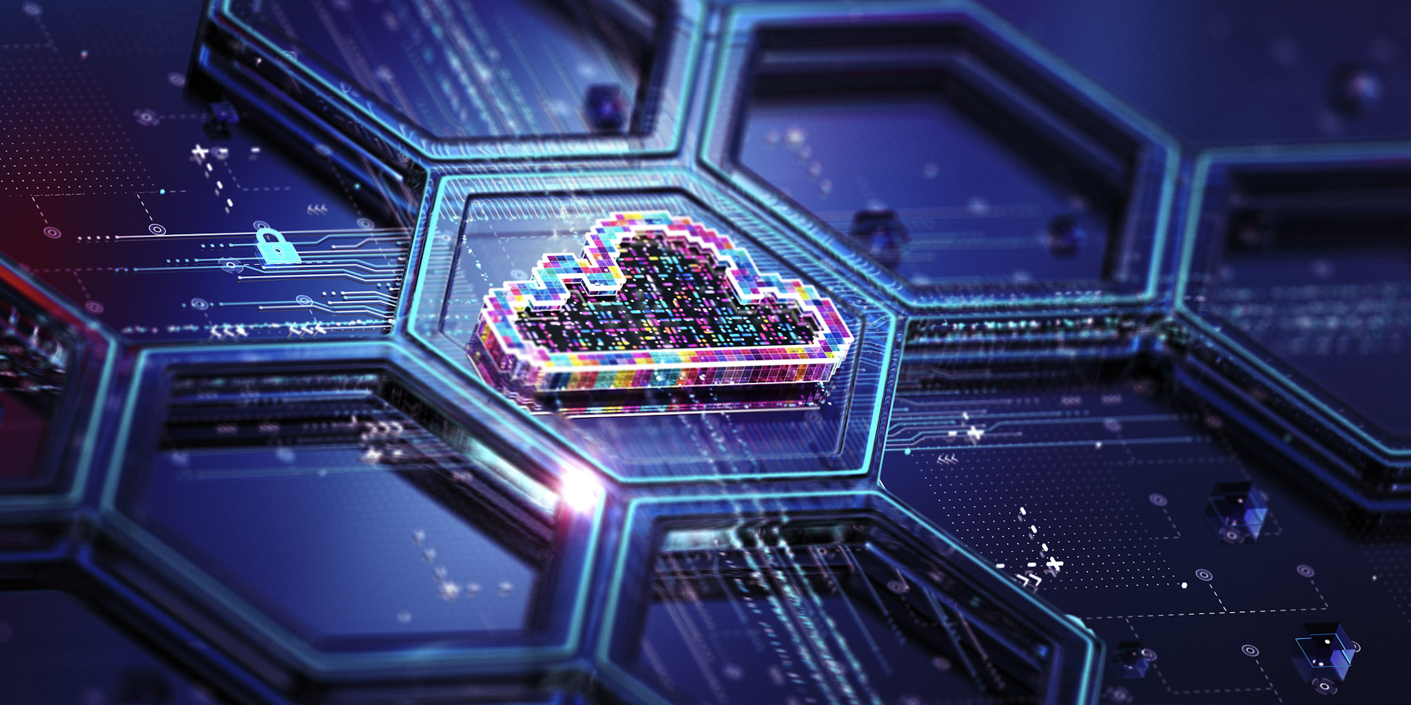 Icône de cloud colorée sur carte de circuits, symbolisant un cloud privé sécurisé et connecté.