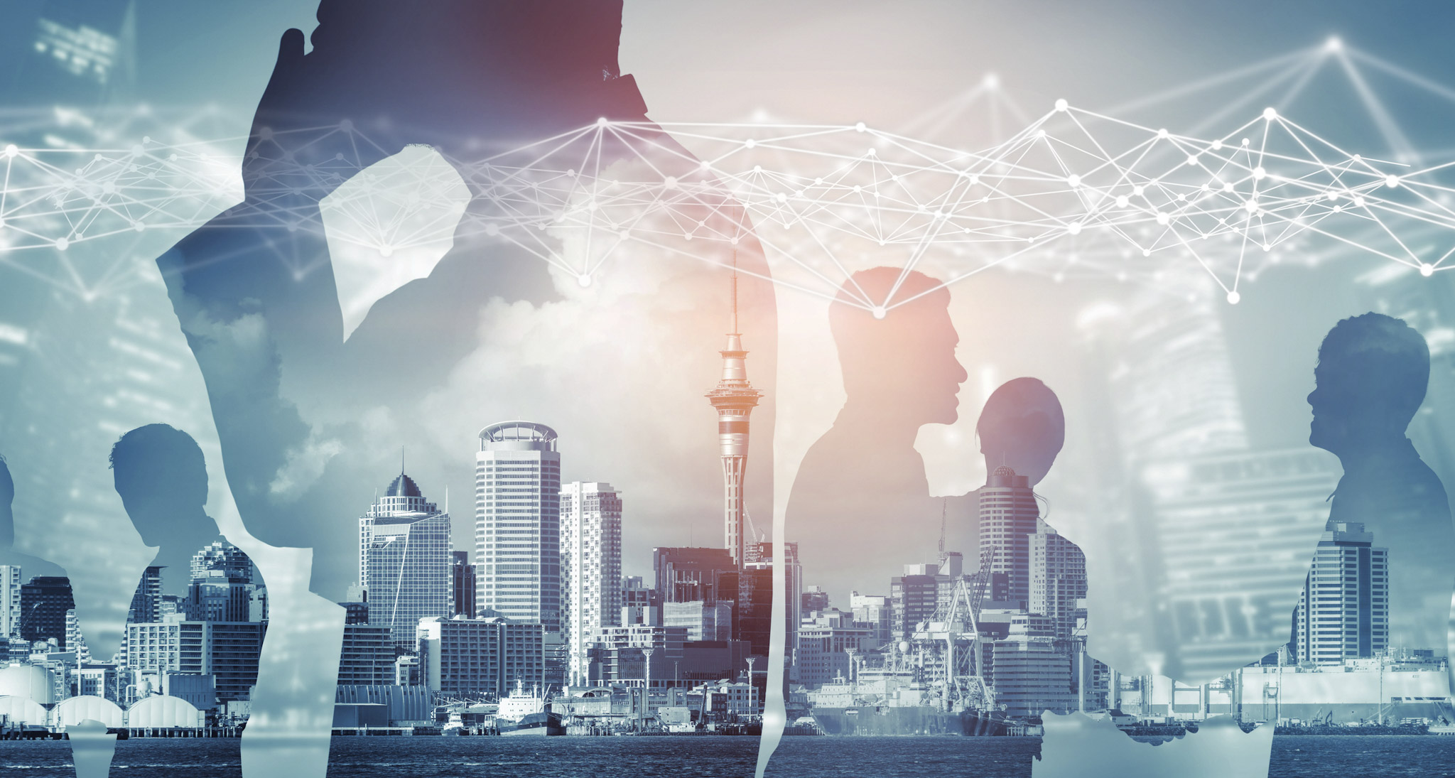 Creative image of many business people conference group meeting on city office building background showing partnership success of business deal. Concept of teamwork, trust and agreement.