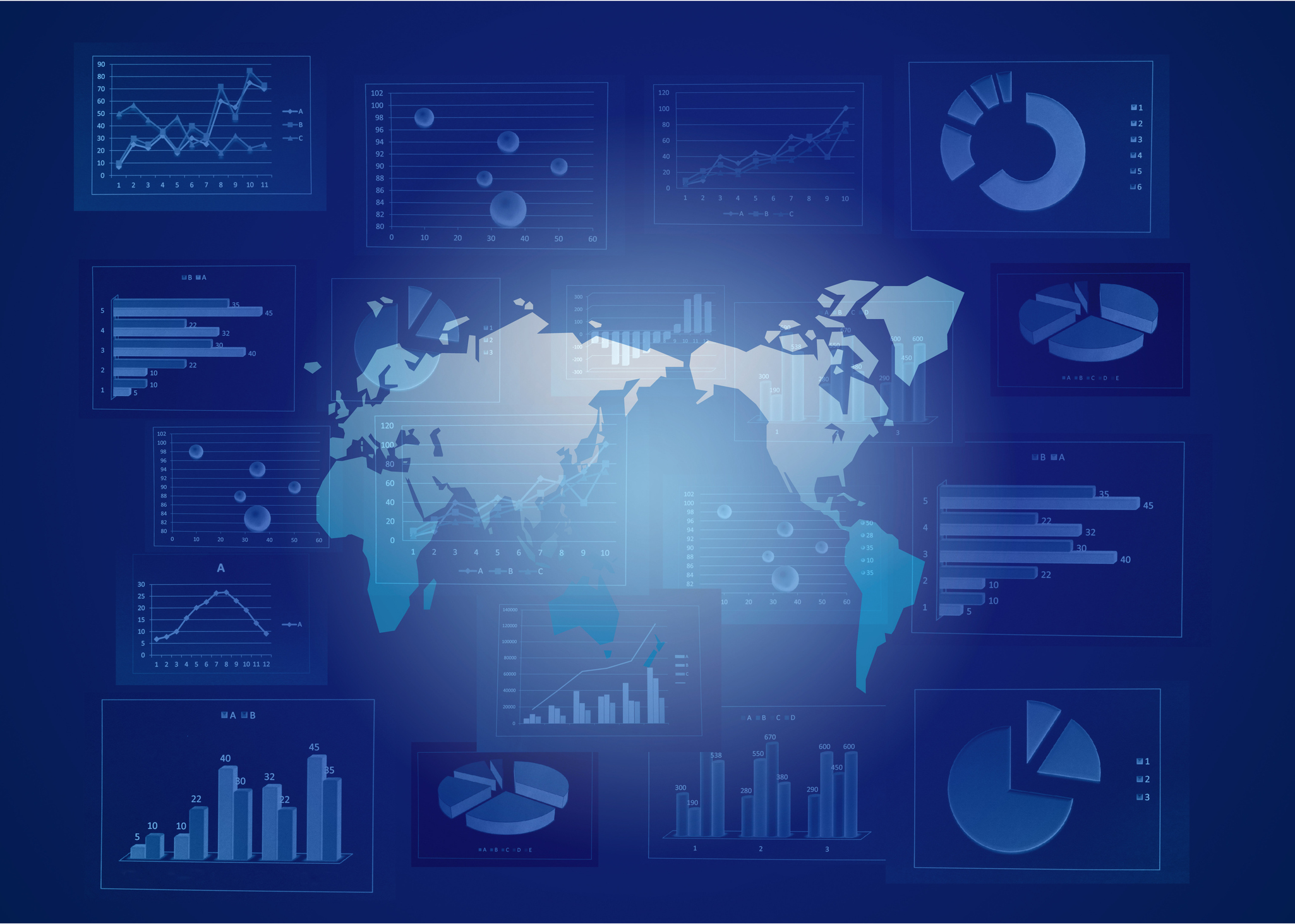 A digital world map overlaid with various blue-toned data visualizations, including bar graphs, pie charts, line charts, and bubble charts, representing global analytics and data insights on a dark blue background.