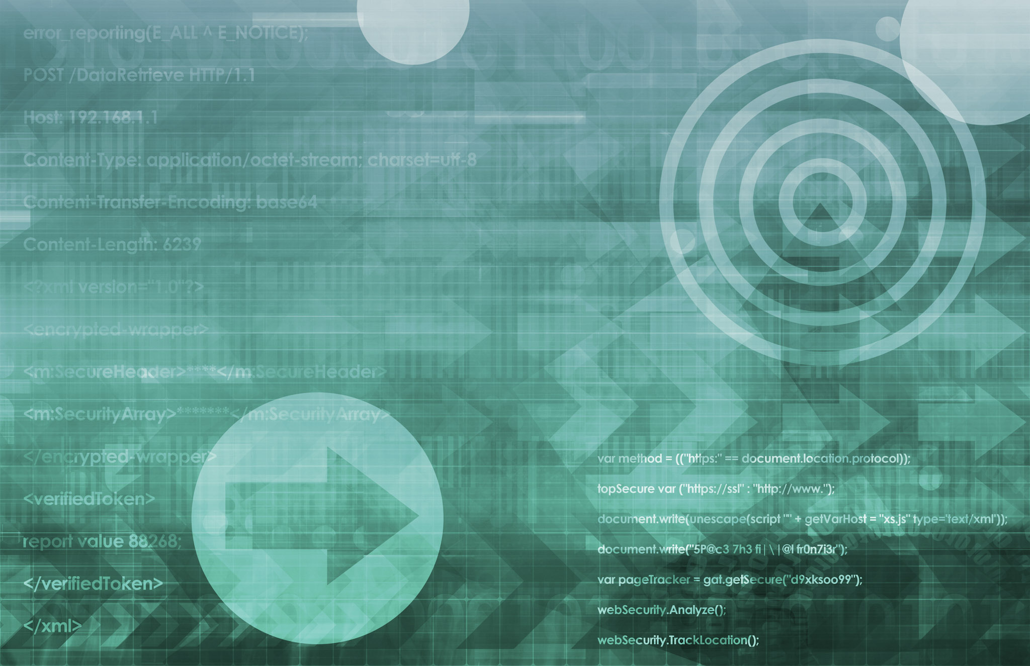 Abstract digital background with code and security icons.