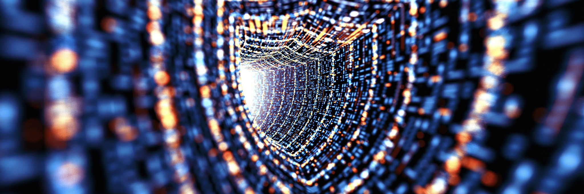 Abstract tunnel of glowing blue and orange lights, like flowing data.