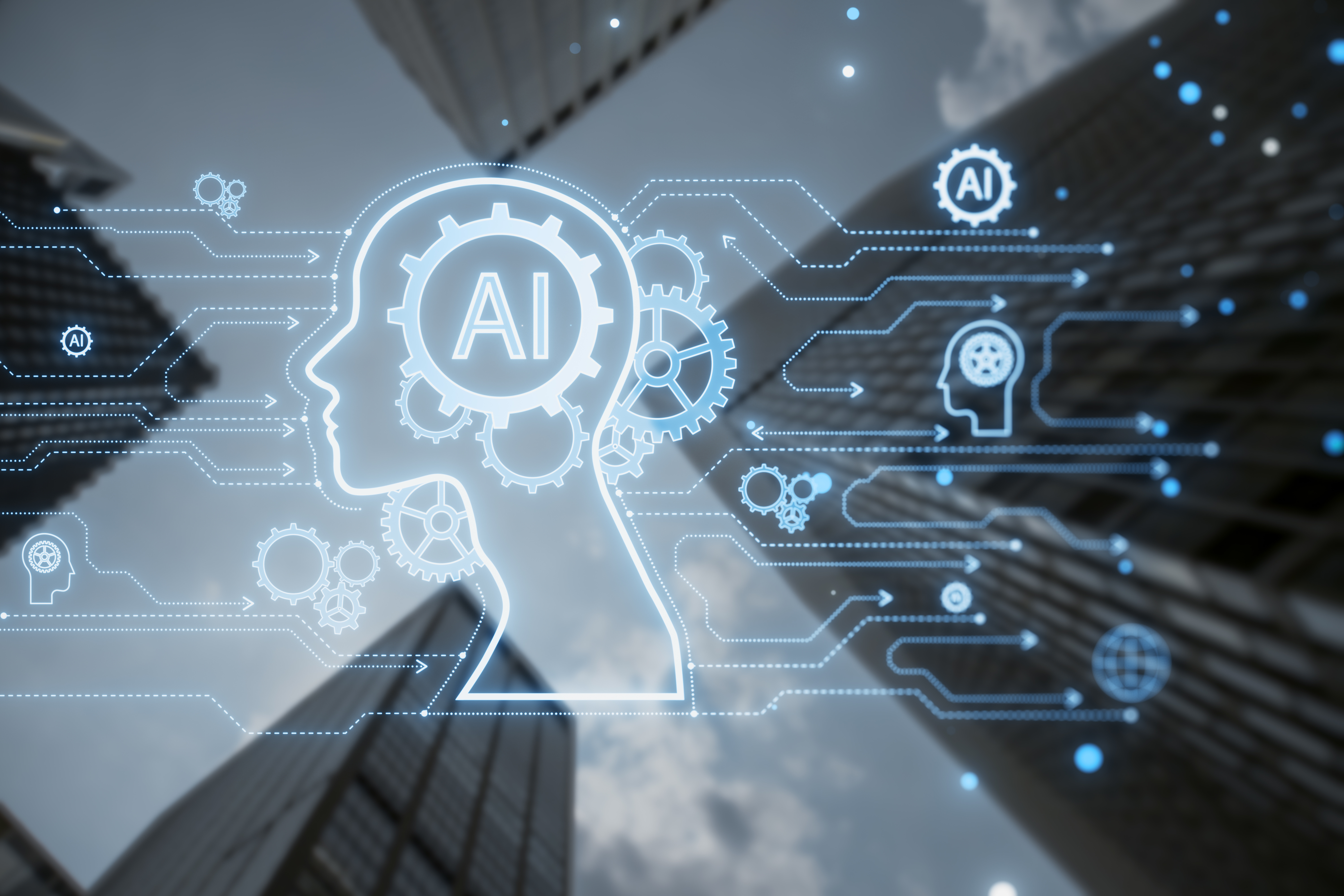 creative AI head outline hologram with circuit on blurry blue background. 3D Rendering