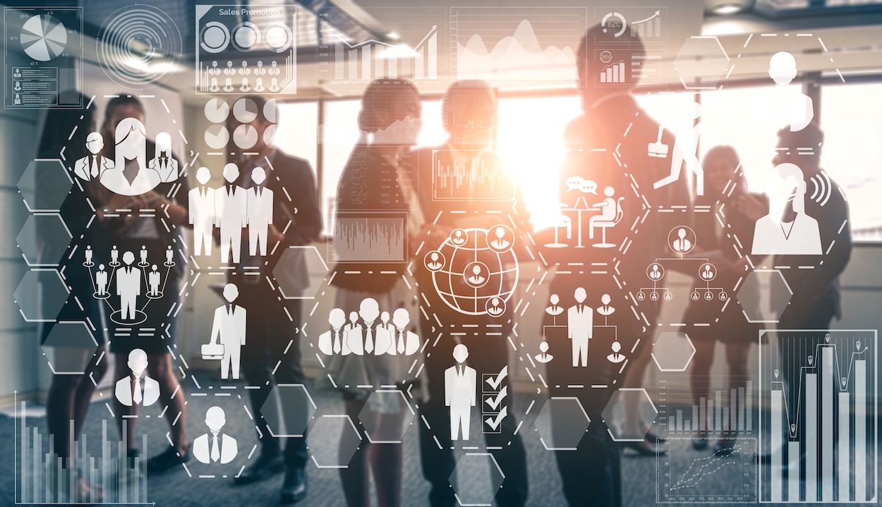 Human Resources Recruitment and People Networking Concept. Modern graphic interface showing professional employee hiring and headhunter seeking interview candidate for future manpower.