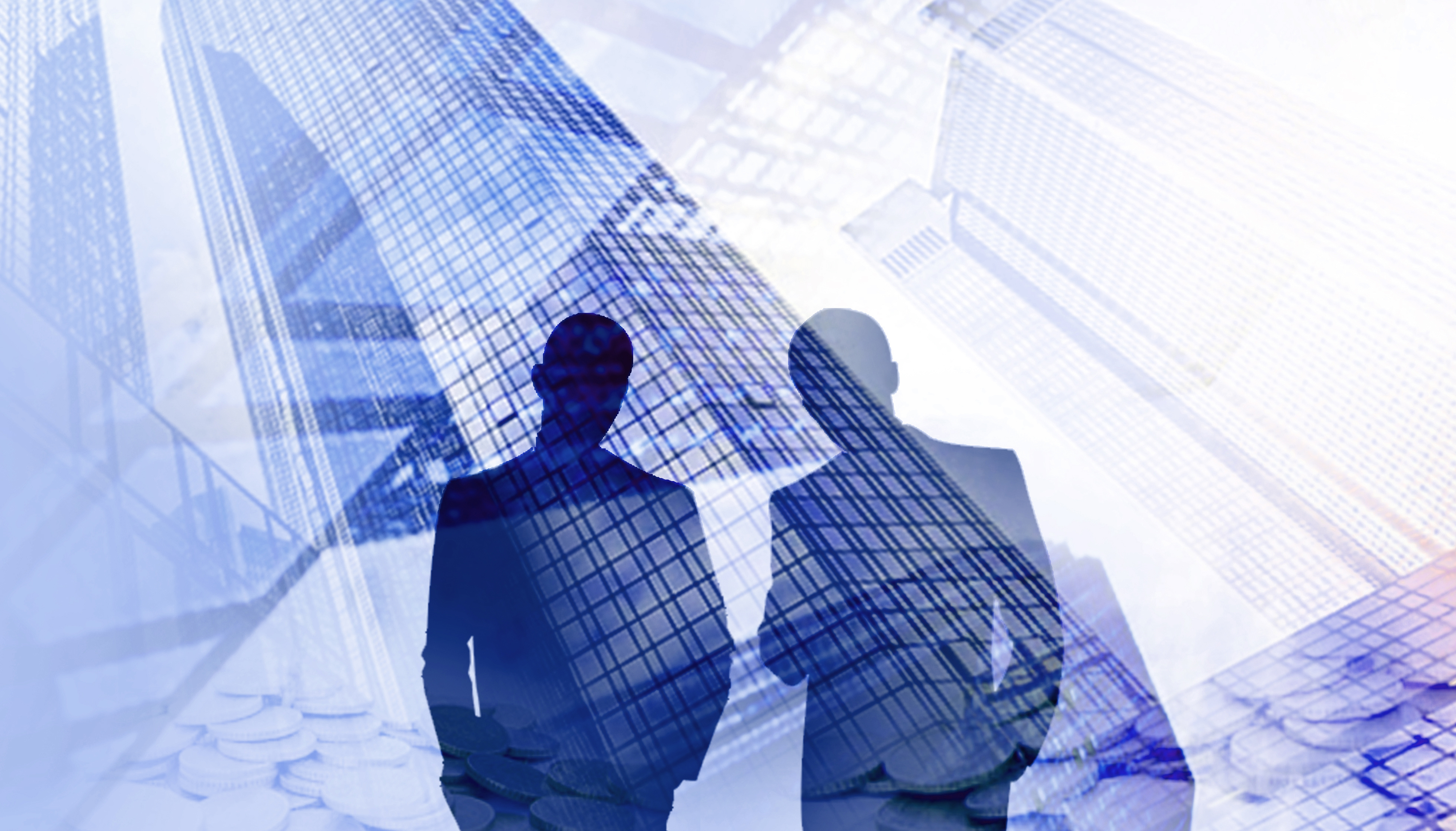 Trade market. stock market financial Tactics Cooperation and Businessman Silhouette Concept on blue background. Double exposure working- 3d rendering