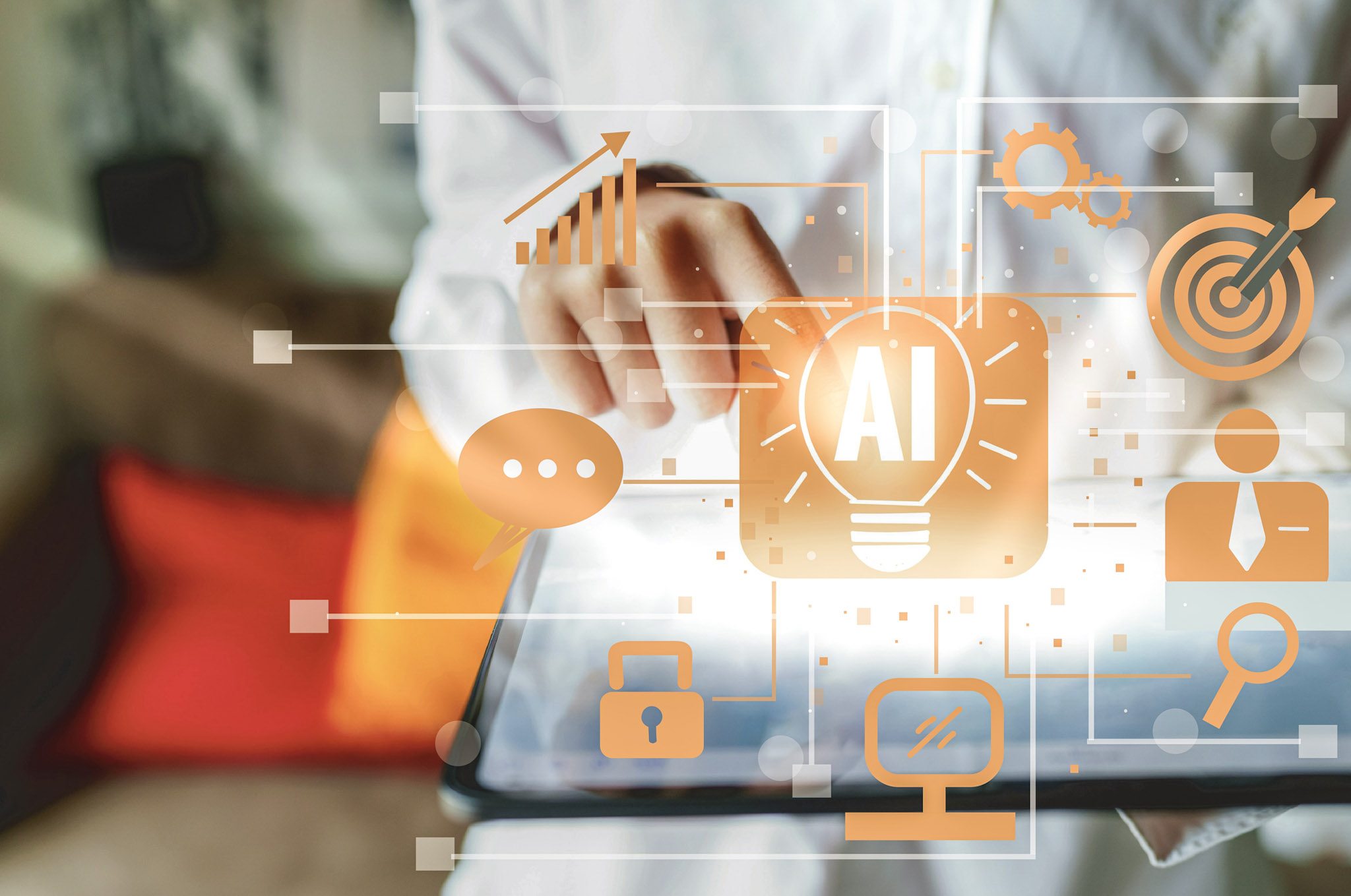 Business professional interacting with a digital AI interface on a tablet, surrounded by icons representing security, access control, analytics, and enterprise risk management.