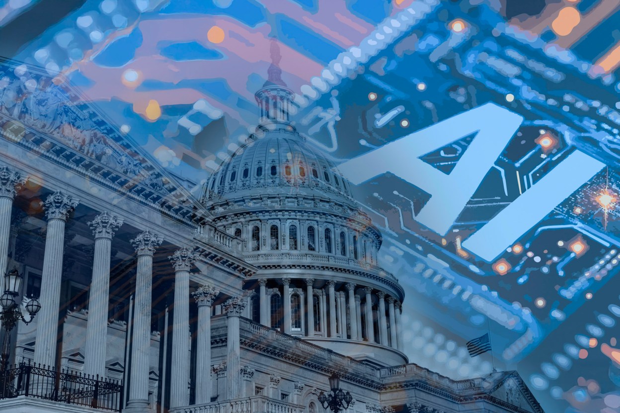 U.S. Capitol building overlaid with AI circuitry, representing Federal AI policy and IT modernization.