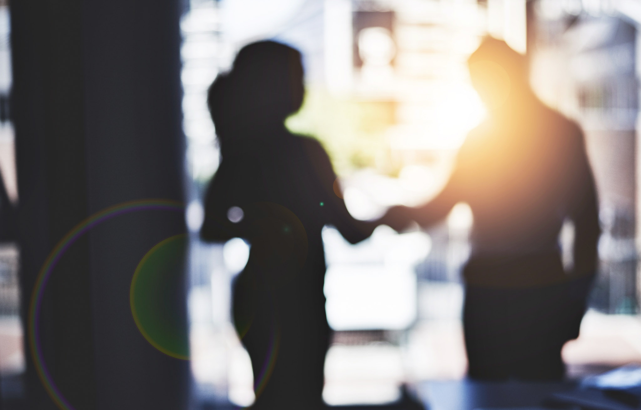 Blurred silhouettes of two people shaking hands indoors with sunlight streaming in.