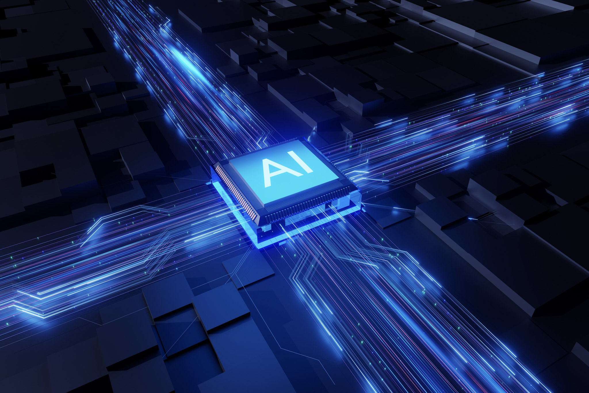 AI processor chip with digital data streams representing AI infrastructure and modern private cloud technology.