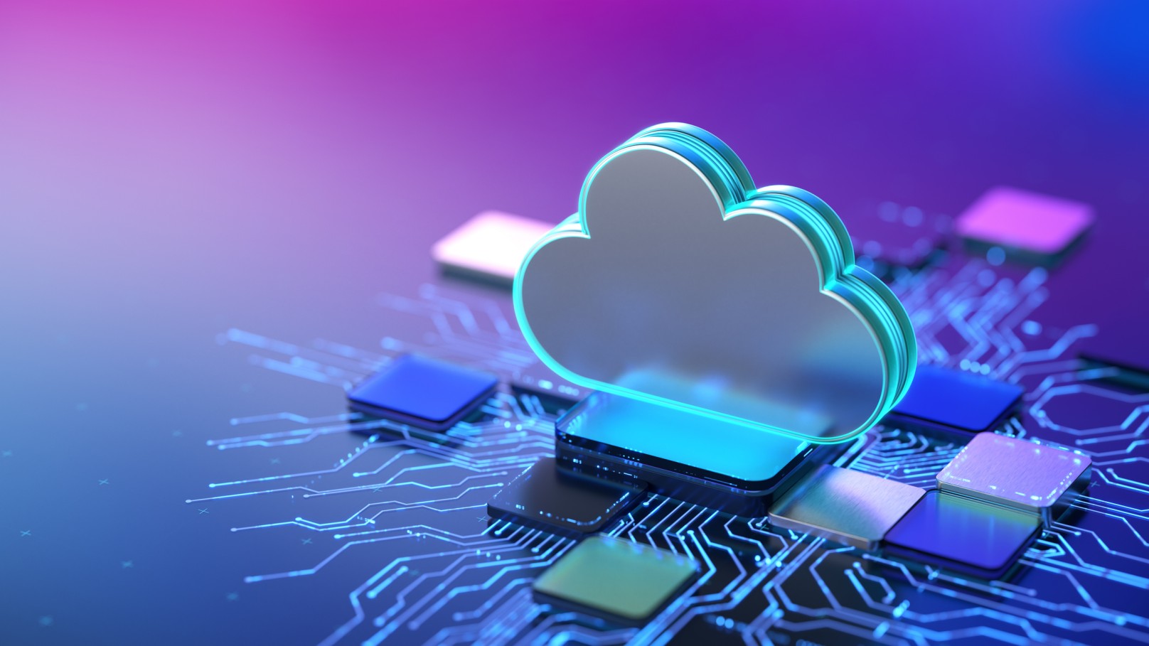 3D cloud icon with teal glow mounted on a circuit board with blue and purple lighting, representing AI-ready enterprise cloud infrastructure