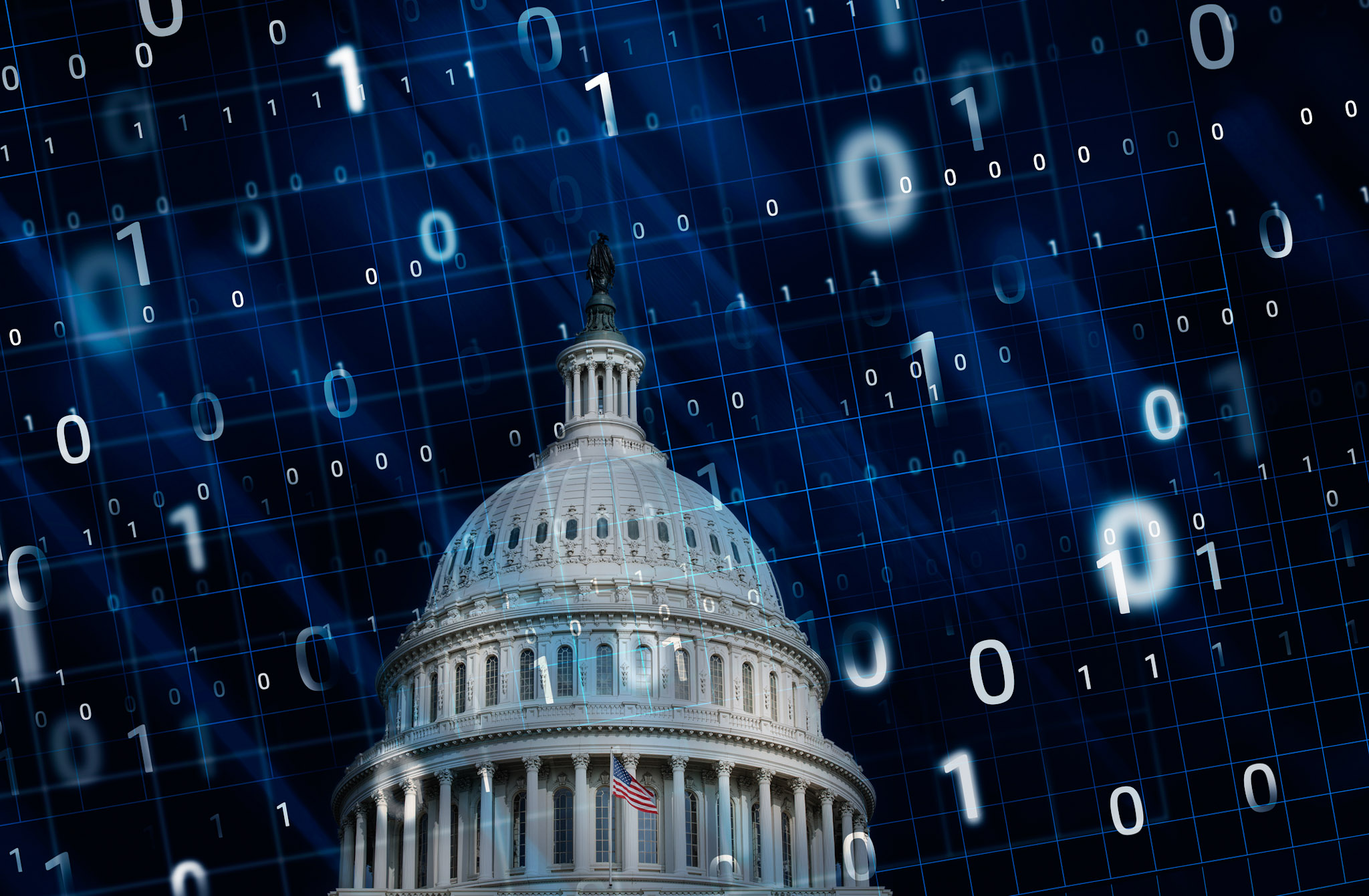 Digital illustration of the U.S. Capitol overlaid with binary code, symbolizing federal AI innovation, cybersecurity, and private cloud infrastructure.