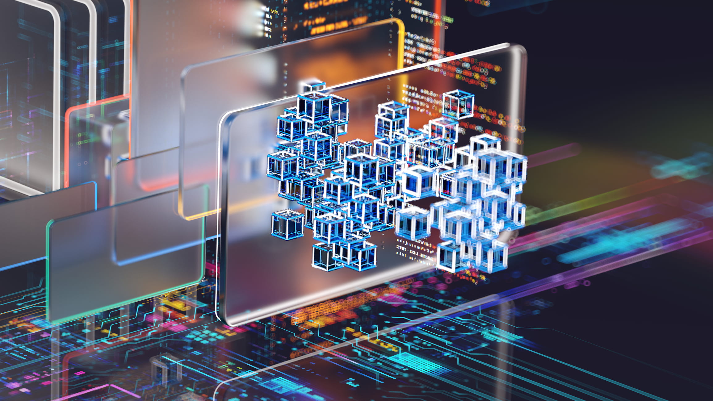 3D blue wireframe cubes emerging from a glass panel on a circuit board, representing standardised modular infrastructure and VMware Cloud Foundation architecture
