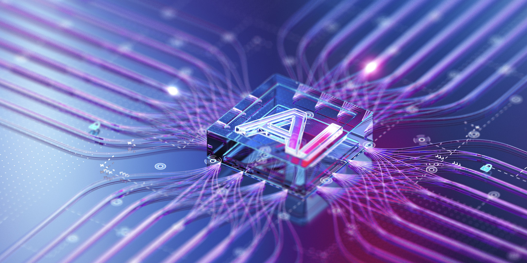 AI processor with interconnected data pathways representing secure AI infrastructure, open source collaboration, and cybersecurity innovation through the Open Secure AI Alliance.